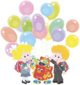 欢迎回到学校。 带着鲜花和一个有趣的书包的微笑的学童，他们手中挥舞着五颜六色的气球，用卡通风格的欢迎矢量插图欢迎他们