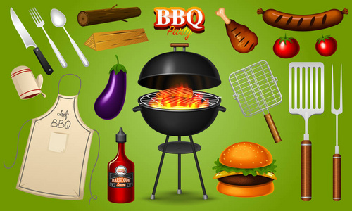 烧烤炉元素设置在红色背景上隔离。烧烤派对夏季时间。肉类餐厅在家里。带有工具调味汁和食物的木炭壶。厨房设备的菜单。户外烹饪