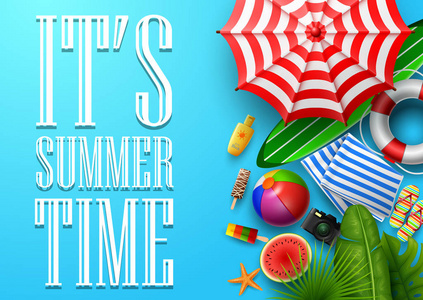 s summer time banner with tropical leaves, camera, umbrella, sur