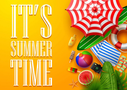 s summer time banner with tropical leaves, camera, umbrella, sur