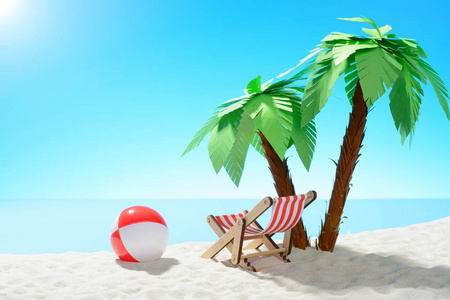 阳光躺椅和沙滩球下的棕榈树在沙地沿岸。具有复制空间的天空