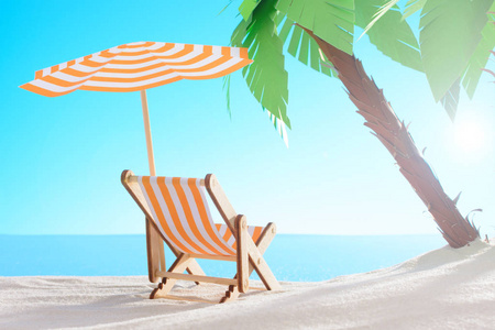 热带静物。黎明在沙滩上, 棕榈树。太阳躺椅在海滩上