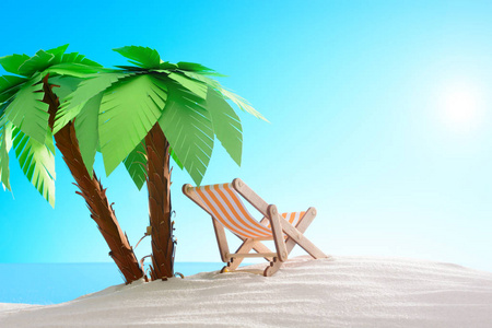 热带静物。黎明在沙滩上, 棕榈树。太阳躺椅在海滩上
