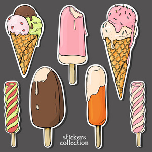 一套不同类型的冰淇淋。多彩, 时尚的贴纸