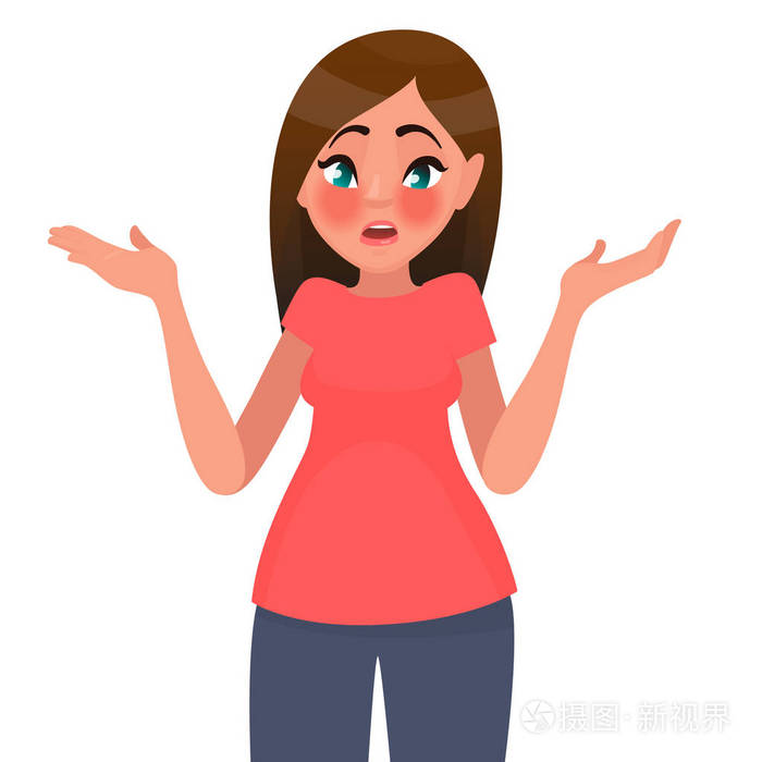 女人耸耸肩, 张开双手.矢量插图