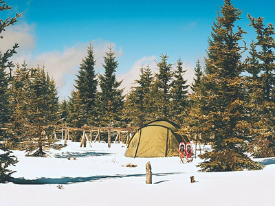帐篷在冬天风景。徒步帐篷, 杆子, 红色穿雪鞋在树之间的雪