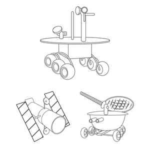 用于设计的集集合中的空间技术大纲图标。航天器和设备矢量符号股票 web 插图