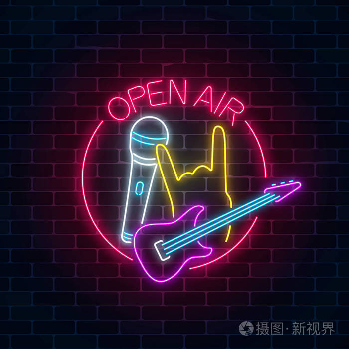 霓虹灯开放空气标志与吉他, 麦克风和棋子手势在圆形框架.