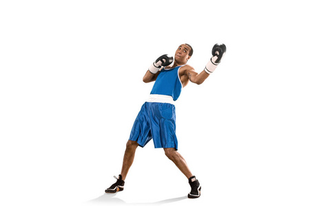 运动的人在拳击锻炼期间。白色背景拳击手照片