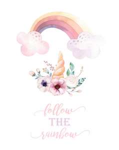 孤立可爱的水彩独角兽剪贴画与花卉。苗圃独角兽插图。彩虹公主海报。时尚粉红色卡通马马