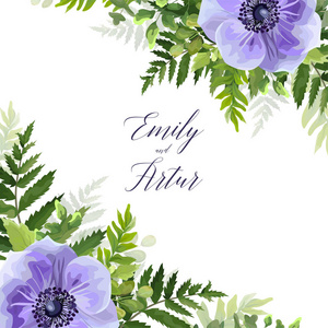Weddwedding 花卉邀请, 邀请, 保存日期卡矢量设计与优雅的紫外线, 蓝色花园海葵花, 绿叶森林蕨, 绿叶框装饰。美丽