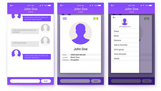 移动应用程序的 Ui 套件页面的配置文件和边栏菜单屏幕, 好友列表与聊天。Gui 设计为响应的商业网站或应用程序。3d 插图, 
