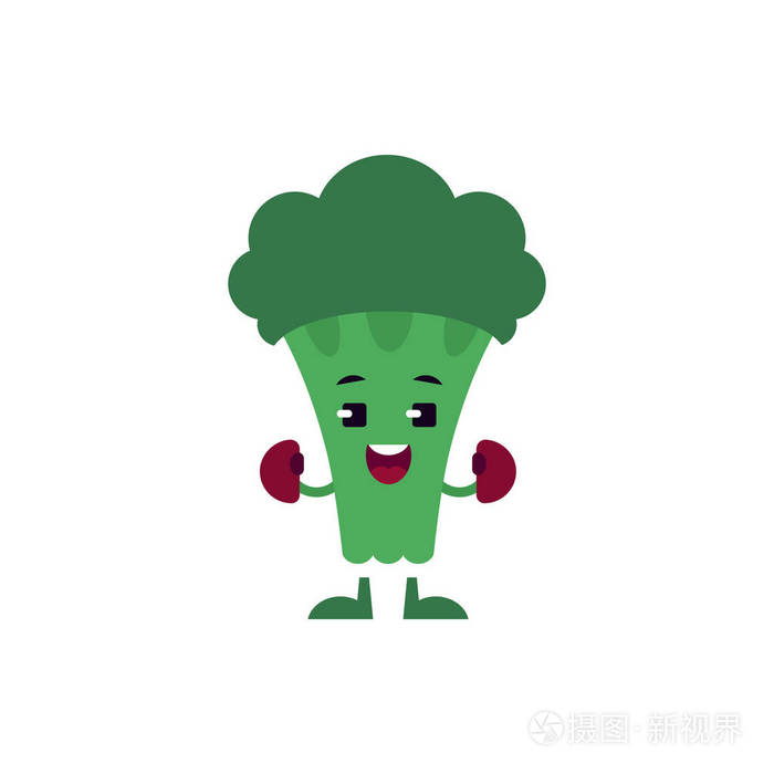 在白色背景下的拳击手套新鲜花椰菜-可爱的卡通蔬菜字符做练习