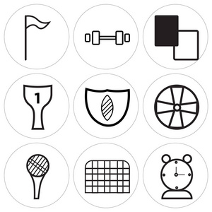 设置9个可编辑的简单图标，如秒表监狱曲棍球足球健身获奖者奖，黑白，杠铃，旗帜，可用于移动，网络UI