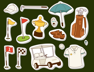 高尔夫图标爱好汽车设备车球员高尔夫球运动符号旗孔游戏元素矢量插图