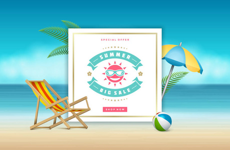 夏季销售横幅网上购物海滩背景。 矢量插图折扣徽章或标签排版设计。