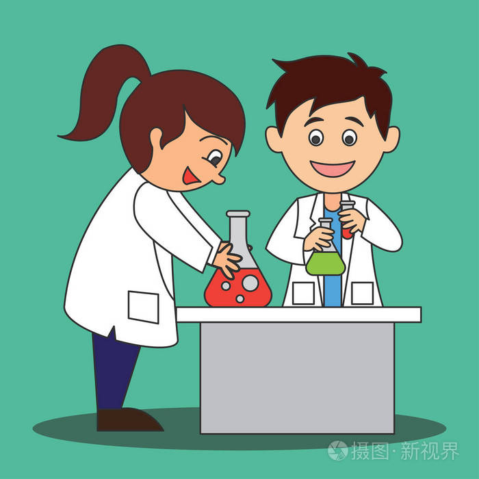 科学家男女在实验室做研究和分析. 卡通人物. 矢量插图