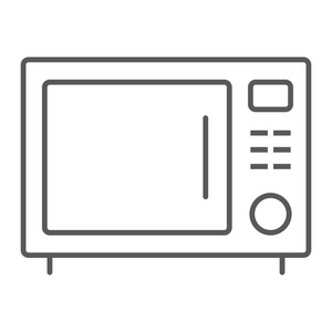 微波炉薄线图标, 厨房和烹饪, 家庭符号矢量图形, 在白色背景上的线性模式, eps 10