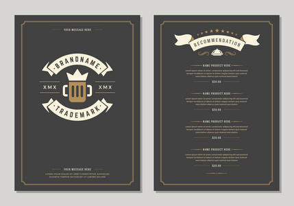 餐厅标志和菜单设计矢量小册子模板。 啤酒杯剪影。