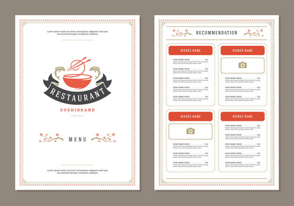 寿司餐厅菜单设计和标志矢量小册子模板。 面条剪影。