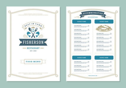 海鲜餐厅菜单设计和标志矢量小册子模板。 鱼的轮廓。