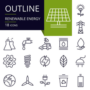 一套可再生能源的轮廓图标。现代图标用于网站移动应用程序设计和打印。