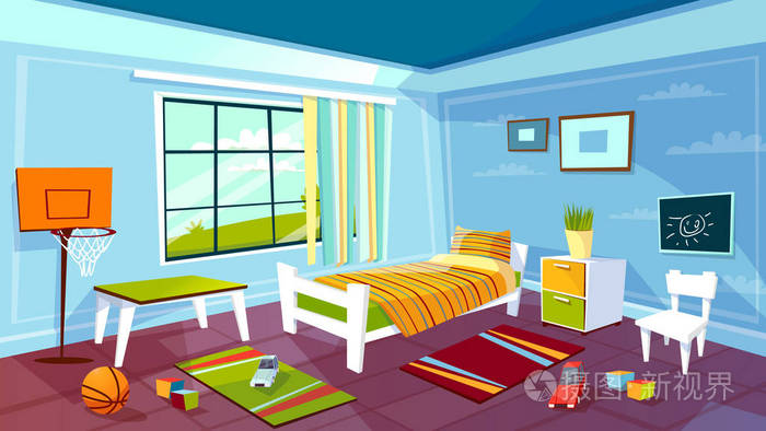 儿童房矢量卡通小男孩卧室室内家具和玩具背景的插图
