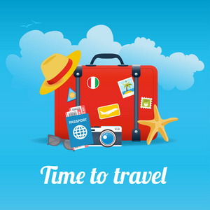 矢量插图的红色老式手提箱与贴纸和不同的旅行元素隔离在蓝色背景与云。 旅游概念旗帜。