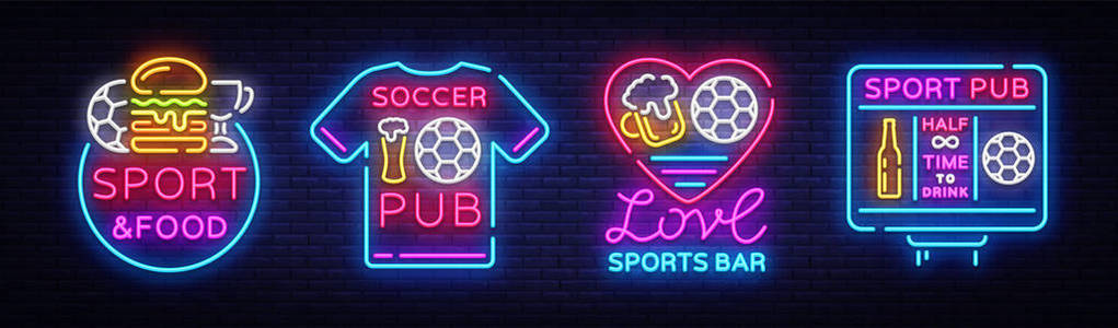 体育酒吧收藏徽标霓虹矢量。体育酒吧设置霓虹灯标志, 足球和足球概念, 晚上明亮的招牌为体育酒吧, 球迷俱乐部, 餐厅, 足球杯
