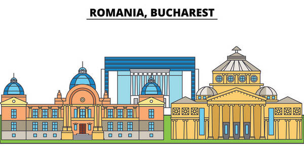 罗马尼亚, 布加勒斯特。城市天际线, 建筑, 建筑物, 街道, 剪影, 景观, 全景, 地标。可编辑笔画。平面设计线矢量图解概念