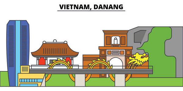 越南, 雷诺, 岘港。城市天际线, 建筑, 建筑物, 街道, 剪影, 景观, 全景, 地标。可编辑笔画。平面设计线矢量图解概念。