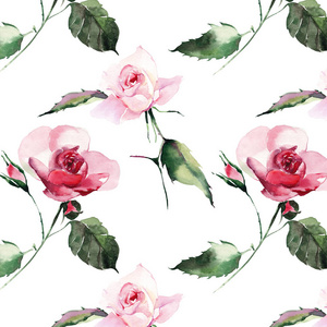 温柔，复杂，可爱，可爱的春天，花卉，草药，植物，红色粉状，粉红色，紫罗兰玫瑰，绿叶图案，水彩，手工素描。 完美的纺织品