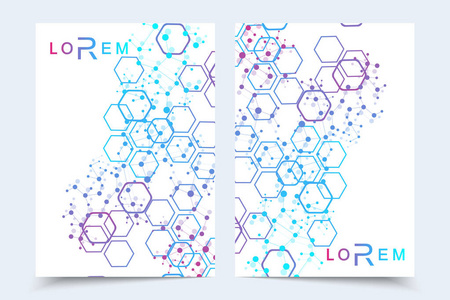 科学的宣传册设计模板。矢量海报布局 分子结构与连接的线和点。科学模式原子 Dna 与杂志 传单 封面 海报设计元素