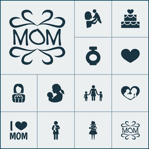 母亲节图标设计理念。一套12这样的元素, 如太太, 心脏和包裹。美丽的象征为母亲, 婴孩和关心