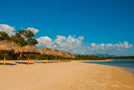 美丽的热带风景全景 黄沙, 蓝色加勒比海, 椰子棕榈树, 雨伞是为游人。地平线上的山脉。西恩富戈斯, 古巴, 牧场月滩