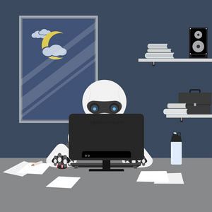 机器人商人在计算机机器人上工作，帮助人类工作机器人在线辅助机器学习。 矢量插图平面风格概念为人工智能技术未来自动化科学业务工作生