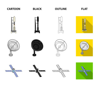 无线电雷达, 对接在太空航天器, 月球车。空间技术集合图标在卡通, 黑色, 轮廓, 平面风格矢量符号股票插画网站