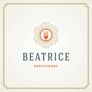 餐厅标志模板矢量插图。 叉子剪影适合餐厅菜单和咖啡厅徽章。 复古排版装饰徽记设计。