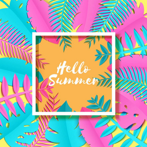 夏季热带棕榈叶, 植物在 trandy 剪纸风格。白色正方形框架在异国情调的蓝色粉红色的叶子在黄色晴朗的背景夏威夷夏天。矩形标签