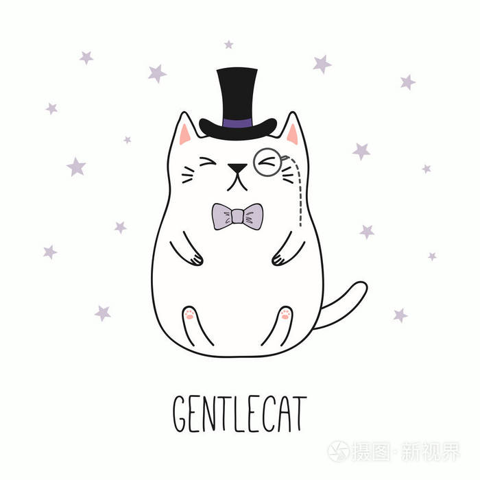 手工绘制的矢量插图卡瓦伊滑稽绅士猫在顶帽子与蝴蝶结和单一设计概念