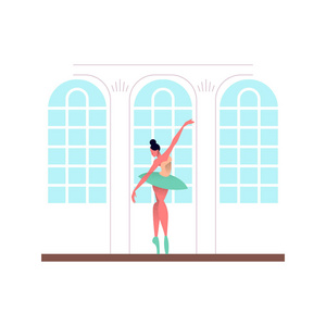 芭蕾舞女在美丽的舞蹈工作室做经典的芭蕾姿势。 现代风格的舞蹈女孩在行动的插图。 eps10载体。