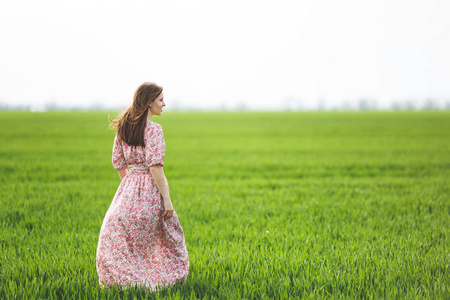 后景年轻的深色头发，微笑着，美丽的女人，穿着浅色图案的连衣裙，在阳光明媚的天气里，在绿色的背景下在田野里散步。 美丽的风景。 生
