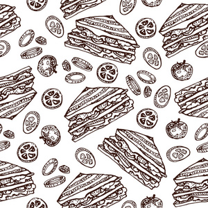 矢量手工绘制的三明治番茄和洋葱的无缝图案。 手绘一套快餐。 孤立在白色上。 餐厅菜单，街头食品，面包店，咖啡馆，传单