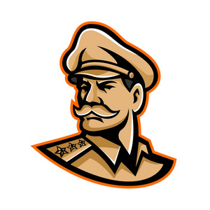 吉祥物图标插图的头部，美国三星将军戴着一顶高峰帽，期待从侧面从孤立的背景复古风格。