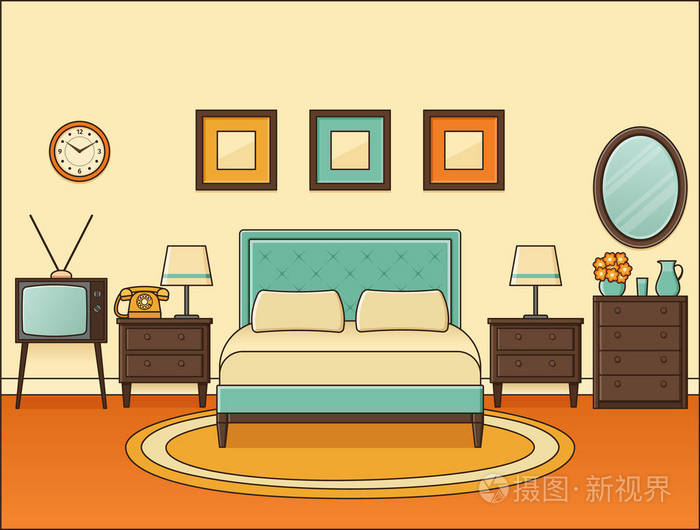 平面设计中的家庭空间. 卡通酒店房间. 线性插图. 老式动画房屋设备.