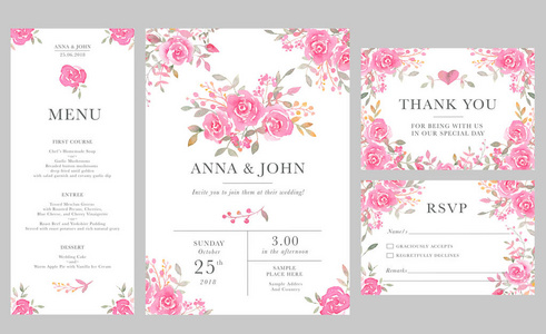一套带有水彩玫瑰花的婚礼邀请卡模板。 优雅的浪漫布局与粉红色玫瑰和信息的婚礼问候，保存日期卡RSV P菜单谢谢