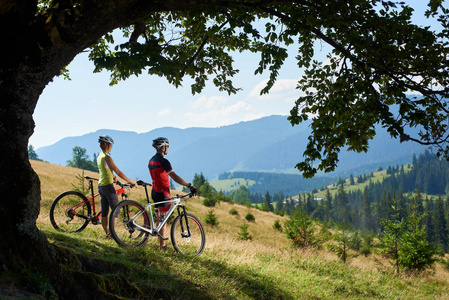 年轻夫妇戴着头盔和全套装备，骑着自行车站在绿草如茵的山坡上，绿色的大树枝下，在背景上欣赏着美丽的蓝山和天空