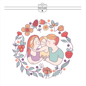 幸福的家庭。 国际家庭日的矢量插图。 快乐的父母和他们的孩子。 被花圈框着。