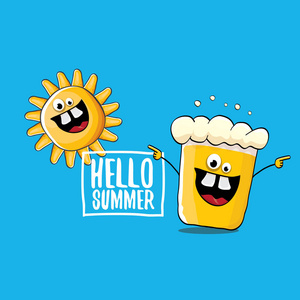 矢量卡通时髦啤酒玻璃的性格和夏天的太阳孤立在蓝色背景。你好夏天文本和时髦啤酒概念例证。滑稽卡通微笑的朋友