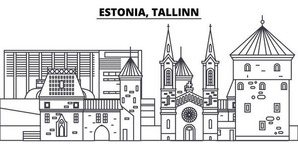 爱沙尼亚, 塔林线天际向量例证。爱沙尼亚, 塔林线性城市景观与著名地标, 城市风景, 媒介风景